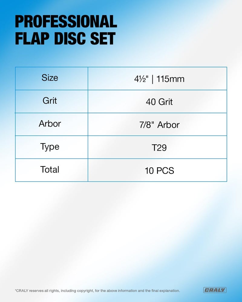 CRALY 4-1/2 Inch Flap Disc, 7/8 in Arbor, 40 Grit, Type 29 Premium Zirconia Sanding Disc for Angle Grinder, Hi-Performance Abrasive Grinding Wheel for Stainless Steel, Metal Sanding & Finishing, 10PC - Image 3